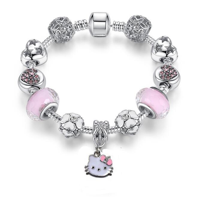 Silver Hello Kitty Bracelet Bangle Murano Glass Beads