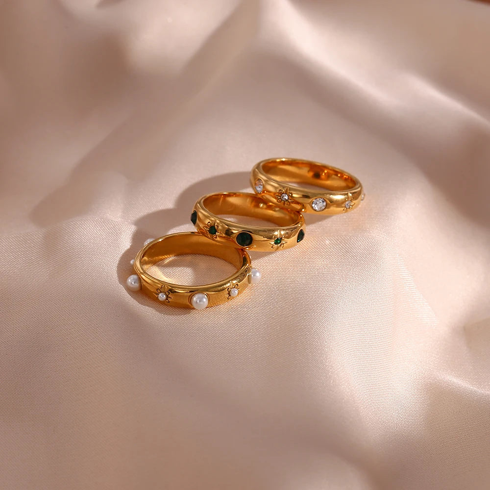 18K Gold Plated Green Zircon Pearl Rings •5687