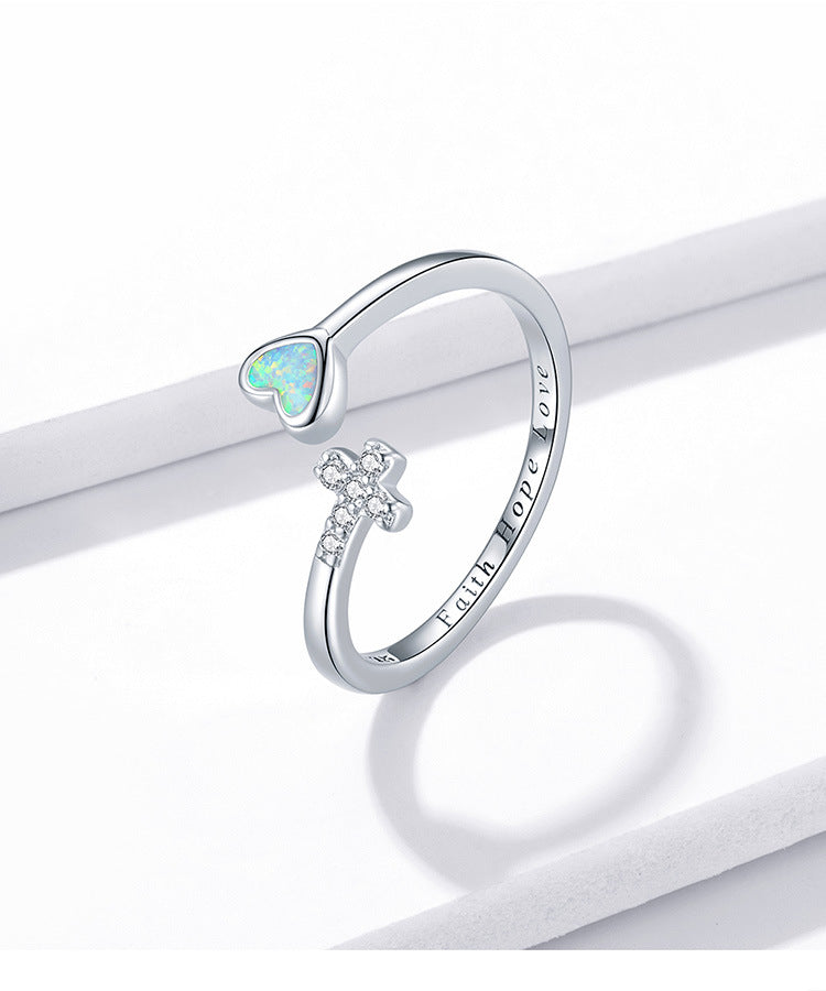 Love Cross Open Ring Plated with Platinum Zircon Heart