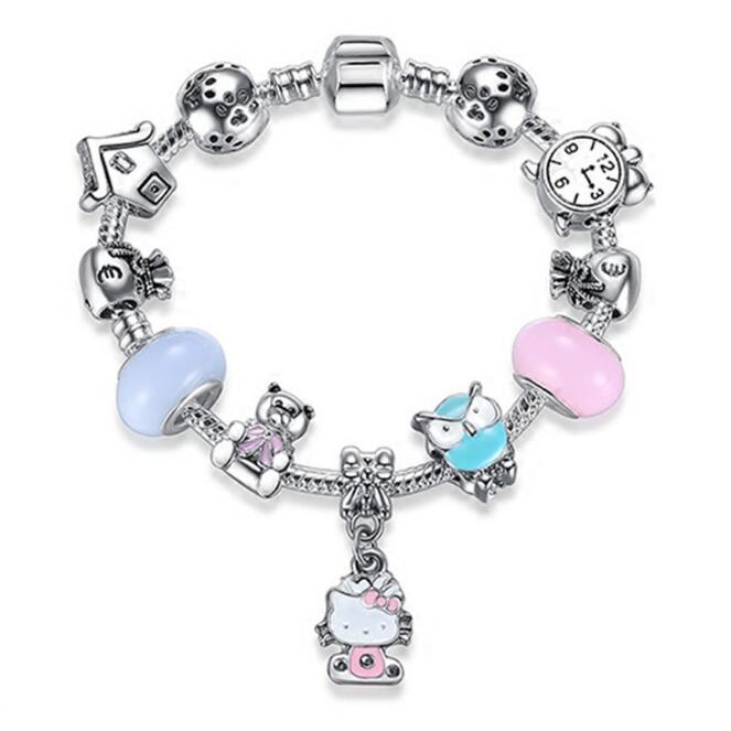 Silver Hello Kitty Bracelet Bangle Murano Glass Beads