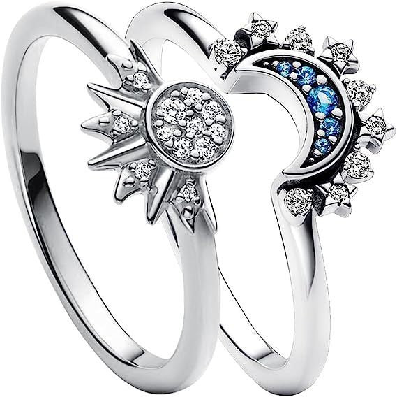 Sun Moon Blue Diamond Layered Celestial Couple Ring Set