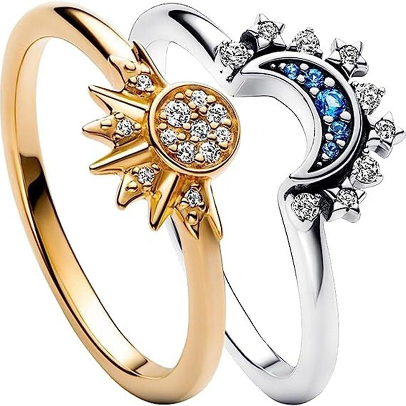 Sun Moon Blue Diamond Layered Celestial Couple Ring Set