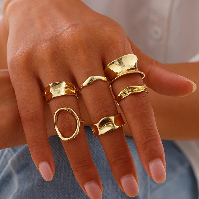 6Pcs/Set Punk Irregular Hollow Folded Metal Cuff Rings