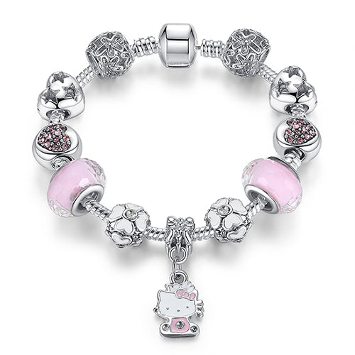 Silver Hello Kitty Bracelet Bangle Murano Glass Beads