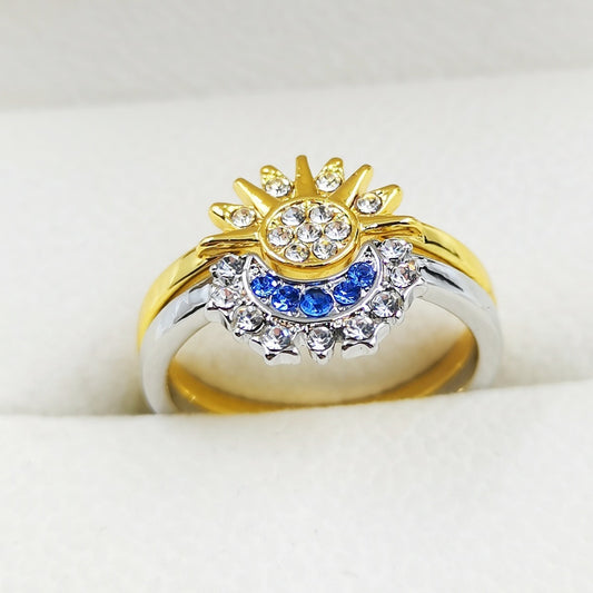 Sun Moon Blue Diamond Layered Celestial Couple Ring Set