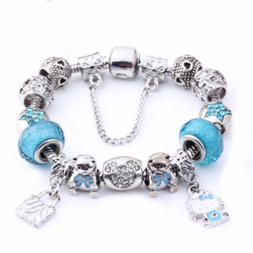 Silver Hello Kitty Bracelet Bangle Murano Glass Beads